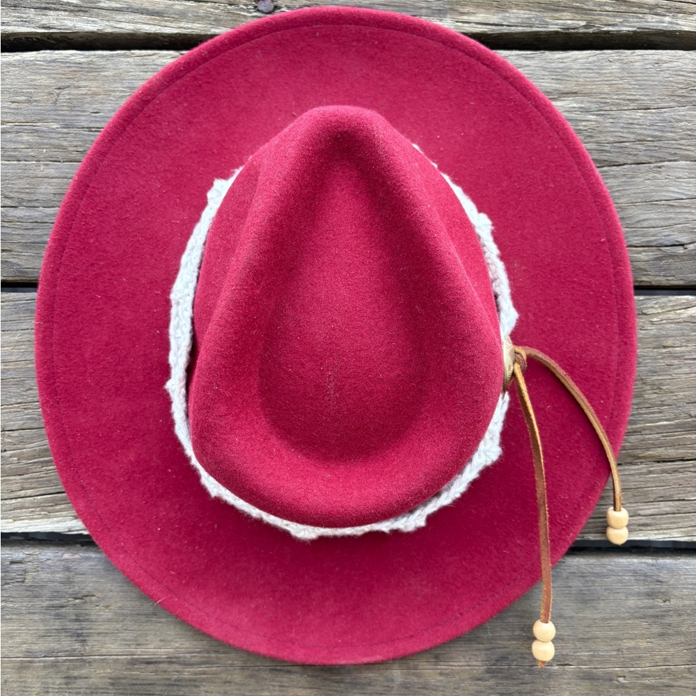 Red Wool Wide Brim Hat with Boho Band - Picture 2 of 9